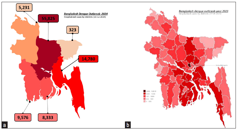 Comparisum between dengue outbreak in (a) 2024 and (b) 2023. Source: https://dashboard.dghs.gov.bd/.